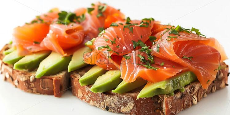 A slice of bread with avocado and salmon - Starpik Stock