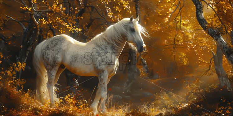 A white horse in the autumn forest - Starpik Stock