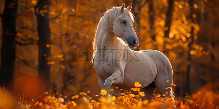 A white horse in the autumn forest - Starpik Stock