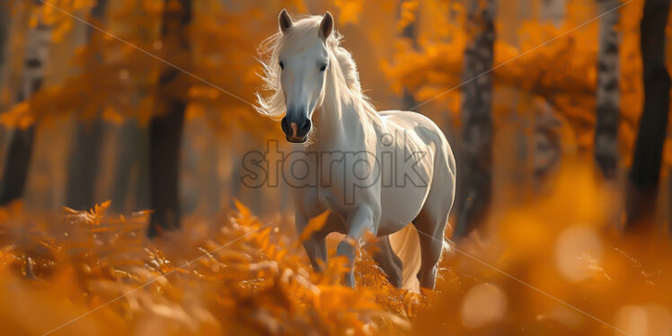 A white horse in the autumn forest - Starpik Stock