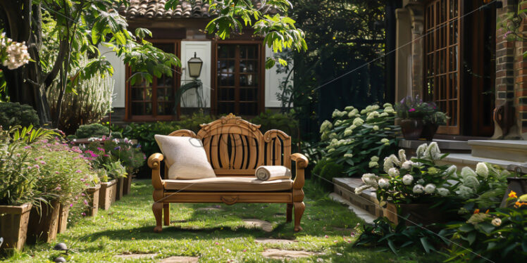 A wooden chair in a traditional British courtyard - Starpik Stock