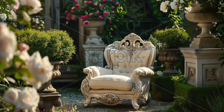 A wooden chair in a traditional French courtyard - Starpik Stock