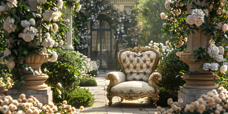 A wooden chair in a traditional French courtyard - Starpik Stock