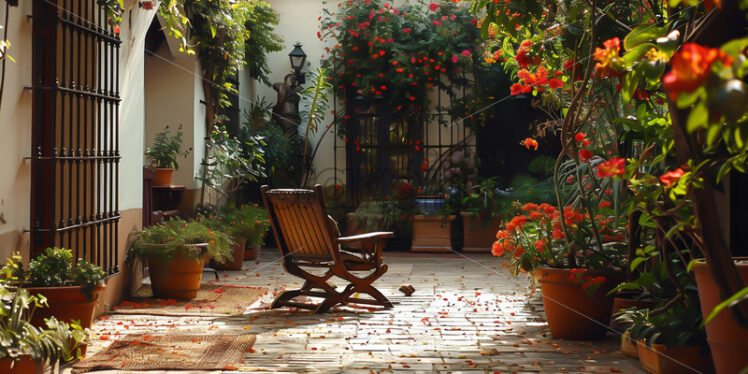 A wooden chair in a traditional Spanish courtyard - Starpik Stock