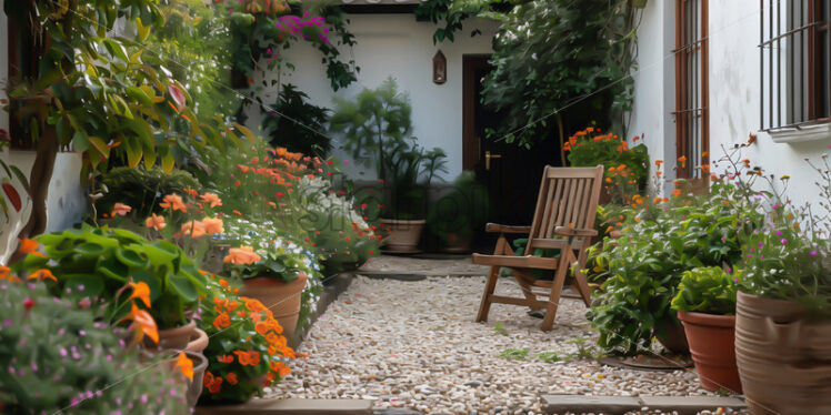 A wooden chair in a traditional Spanish courtyard - Starpik Stock