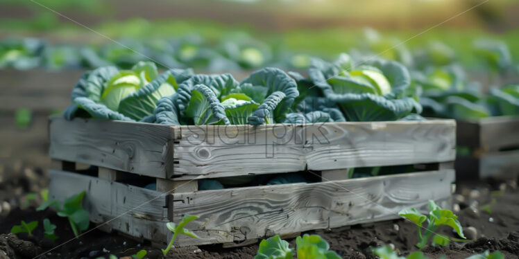 A wooden crate with cabbage in it in a field - Starpik Stock