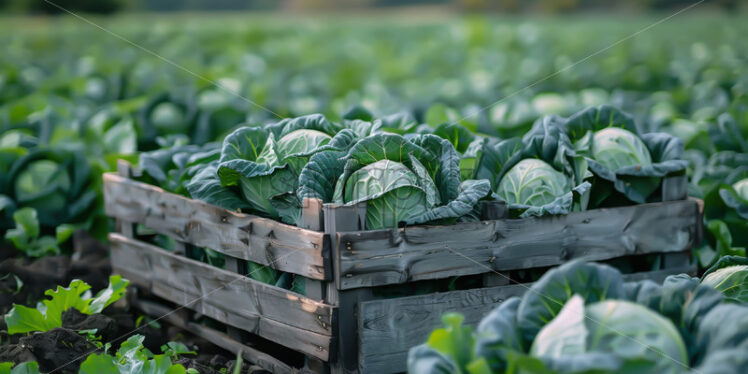 A wooden crate with cabbage in it in a field - Starpik Stock