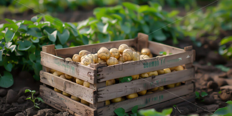 A wooden crate with potatoes in it in a field - Starpik Stock