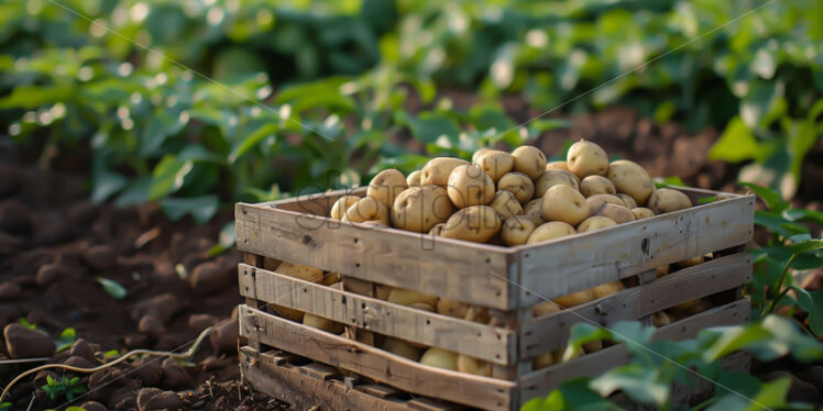 A wooden crate with potatoes in it in a field - Starpik Stock