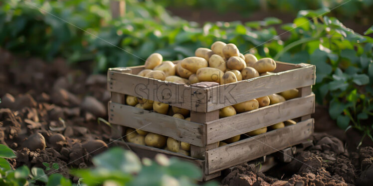 A wooden crate with potatoes in it in a field - Starpik Stock