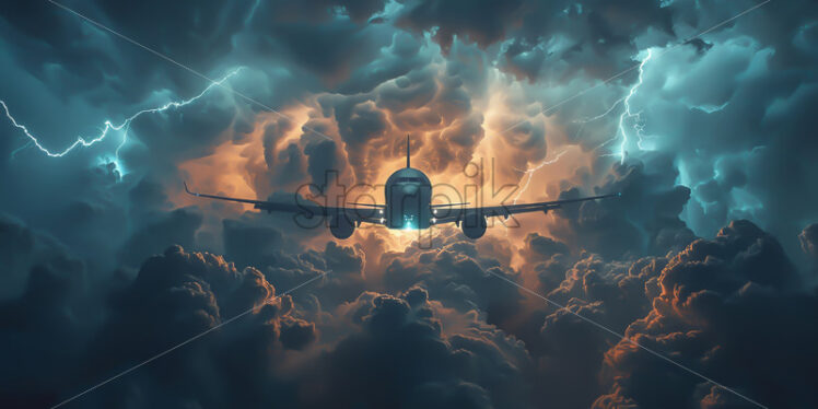 An airplane flying in the sky during a storm - Starpik Stock