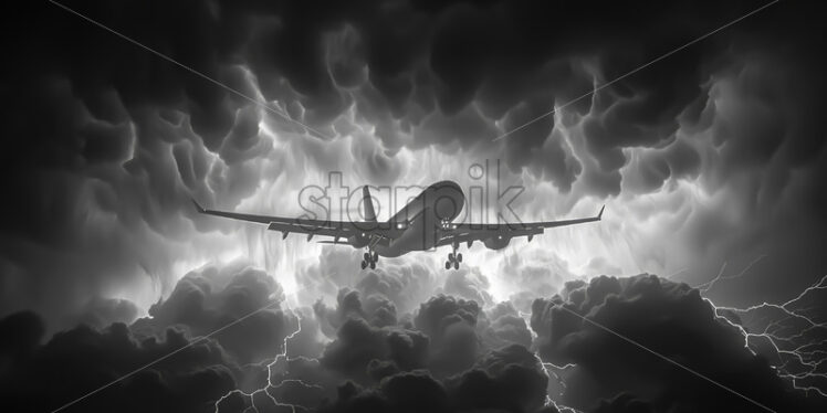 An airplane flying in the sky during a storm - Starpik Stock