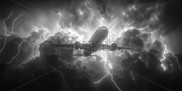 An airplane flying in the sky during a storm - Starpik Stock