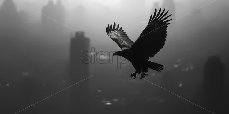 An eagle flying over a city - Starpik Stock