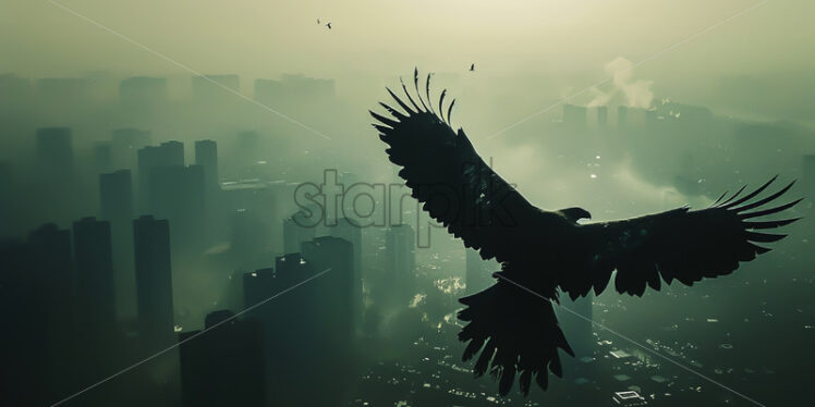 An eagle flying over a city - Starpik Stock