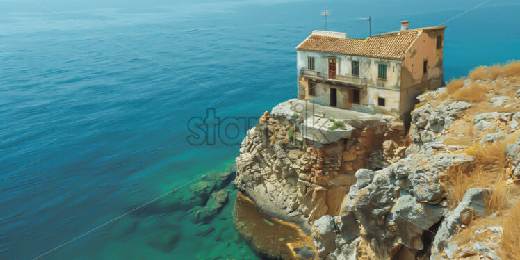 An old house on an island in the middle of an ocean - Starpik Stock