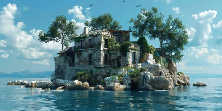 An old house on an island in the middle of an ocean - Starpik Stock