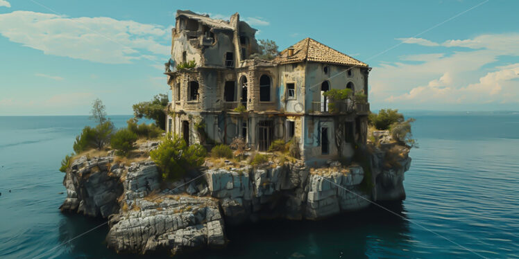 An old house on an island in the middle of an ocean - Starpik Stock