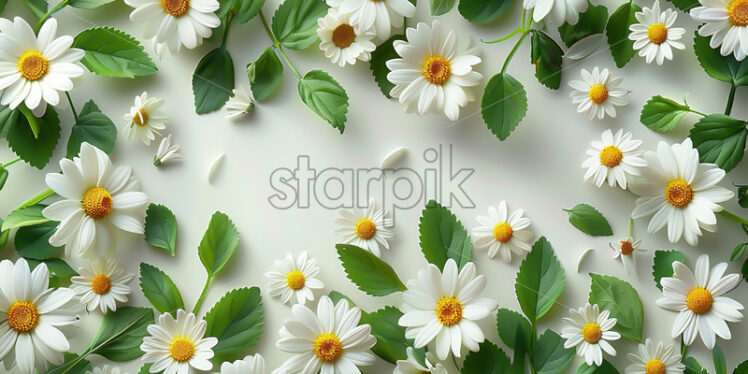 Chamomile leaves and flowers on a white background - Starpik Stock