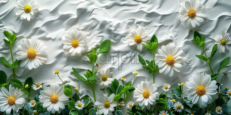 Chamomile leaves and flowers on a white background - Starpik Stock