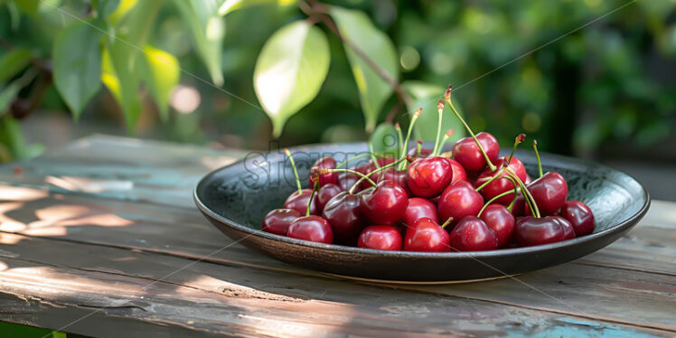 Cherries in a ceramic plate on a table in the garden - Starpik Stock