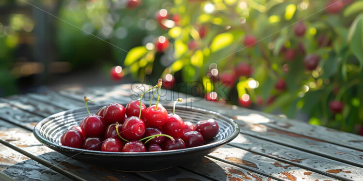 Cherries in a ceramic plate on a table in the garden - Starpik Stock