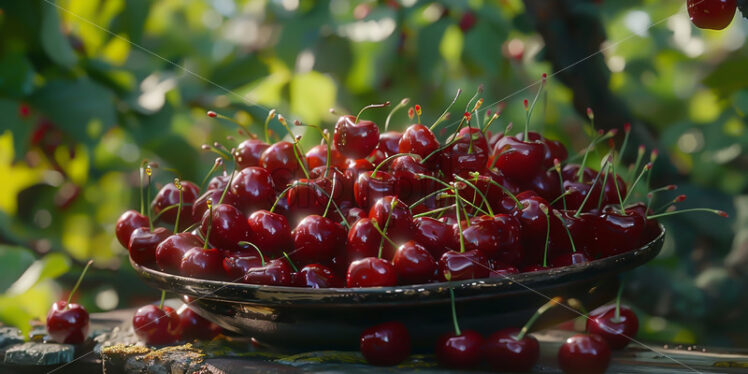 Cherries in a ceramic plate on a table in the garden - Starpik Stock