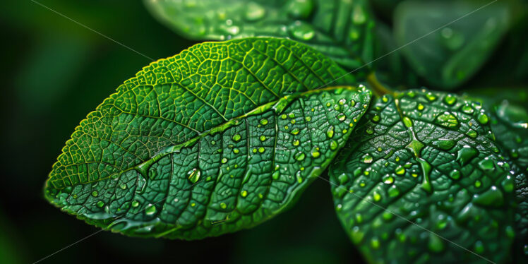 Dew on green leaves, background - Starpik Stock