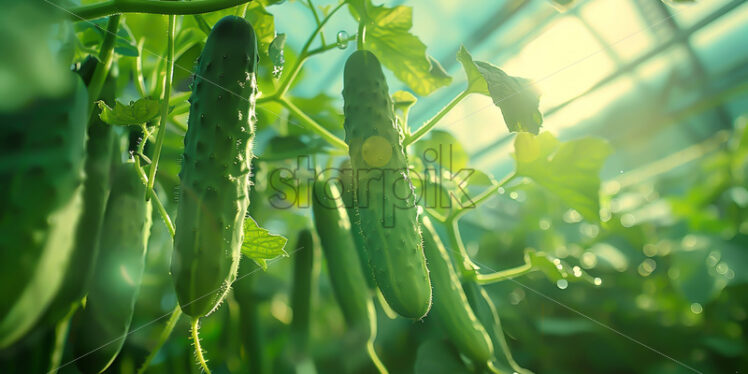 Fresh cucumbers growing in a greenhouse - Starpik Stock