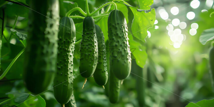 Fresh cucumbers growing in a greenhouse - Starpik Stock