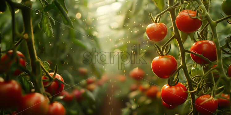 Fresh tomatoes growing in a greenhouse - Starpik Stock