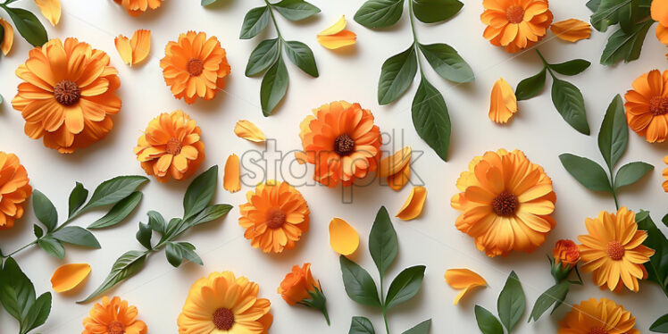 Marigold leaves and flowers on a white background - Starpik Stock