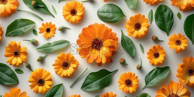 Marigold leaves and flowers on a white background - Starpik Stock