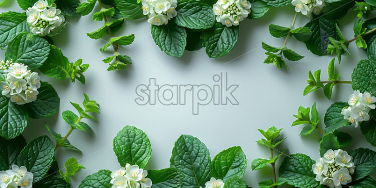 Mint leaves and flowers on a white background - Starpik Stock