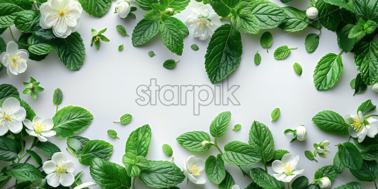 Mint leaves and flowers on a white background - Starpik Stock