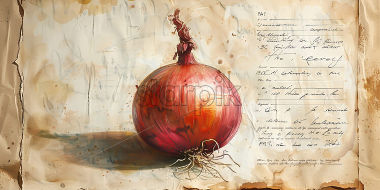 Onion on the page of an old encyclopedia - Starpik Stock