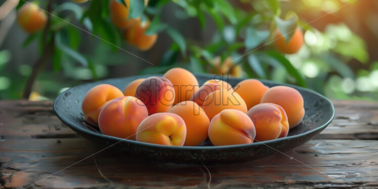 Peaches in a ceramic plate on a table in the garden - Starpik Stock