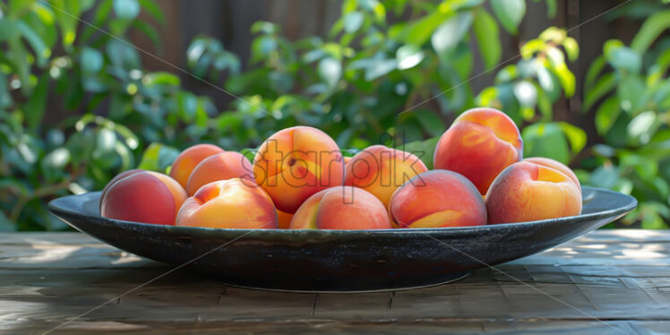 Peaches in a ceramic plate on a table in the garden - Starpik Stock