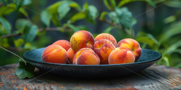 Peaches in a ceramic plate on a table in the garden - Starpik Stock