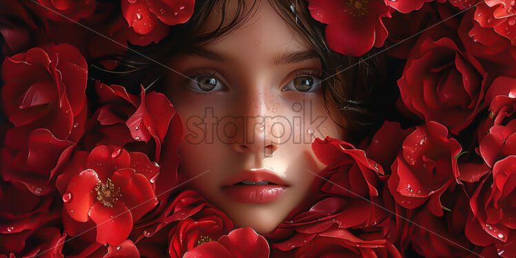 Portrait of a girl on the background of red flowers - Starpik Stock