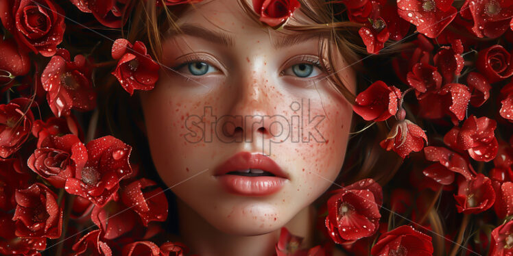 Portrait of a girl on the background of red flowers - Starpik Stock