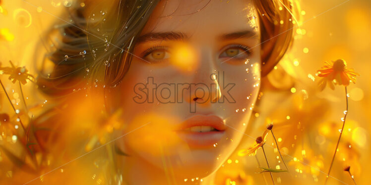 Portrait of a girl on the background of yellow flowers - Starpik Stock