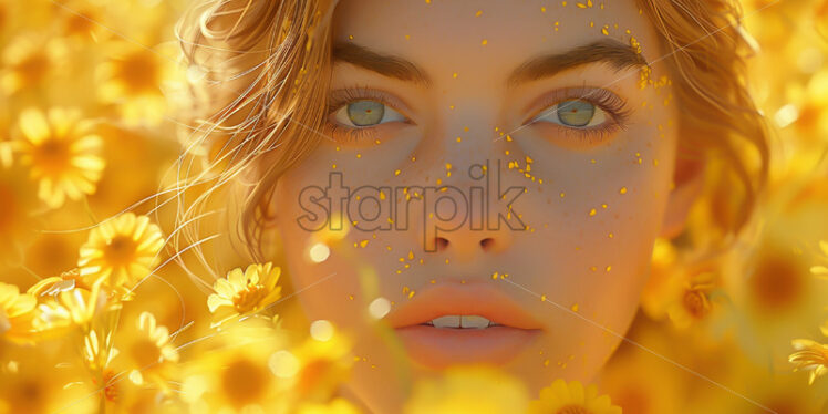 Portrait of a girl on the background of yellow flowers - Starpik Stock