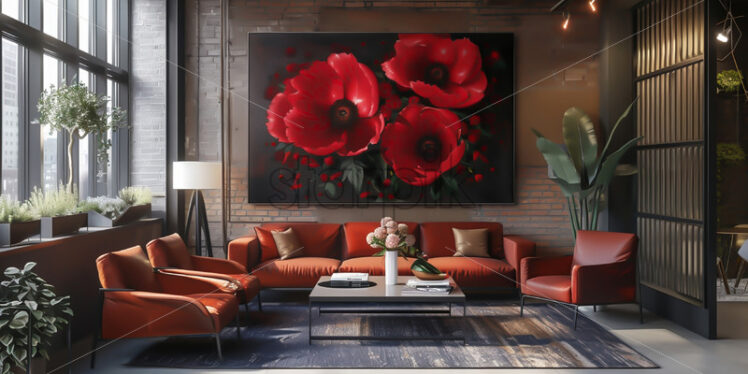 Red peonies in a modern interior - Starpik Stock