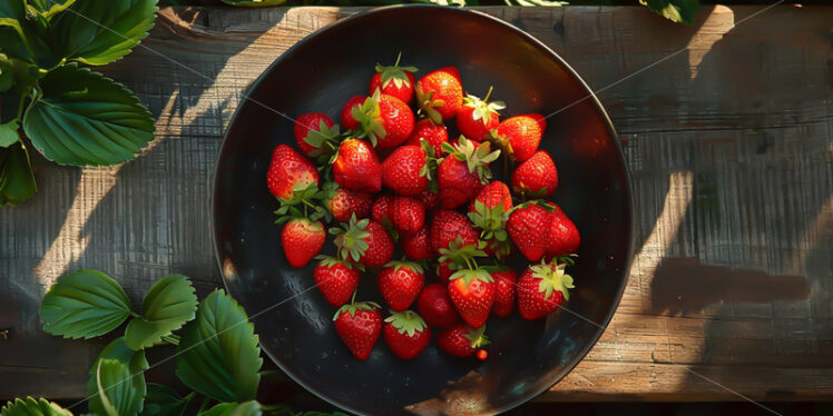 Strawberries in a ceramic plate on a table in the garden - Starpik Stock