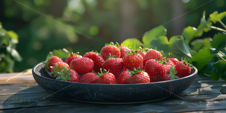 Strawberries in a ceramic plate on a table in the garden - Starpik Stock