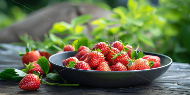 Strawberries in a ceramic plate on a table in the garden - Starpik Stock