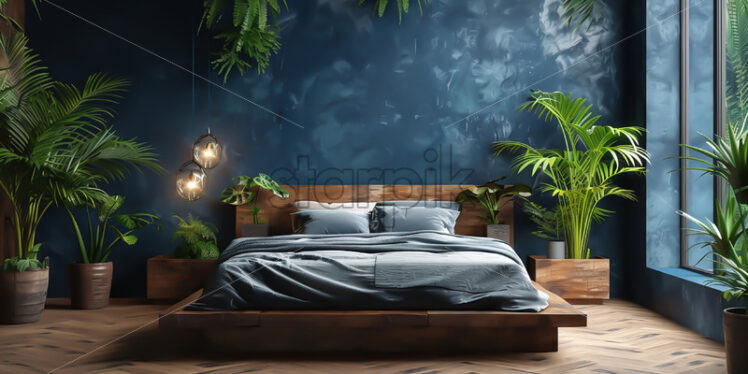 The design of a bedroom in which the blue color predominates, and many plants - Starpik Stock