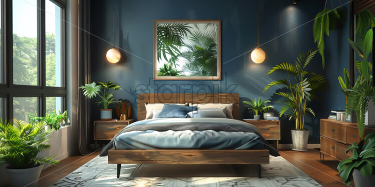 The design of a bedroom in which the blue color predominates, and many plants - Starpik Stock