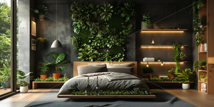 The design of a bedroom in which the color black predominates, and many plants - Starpik Stock